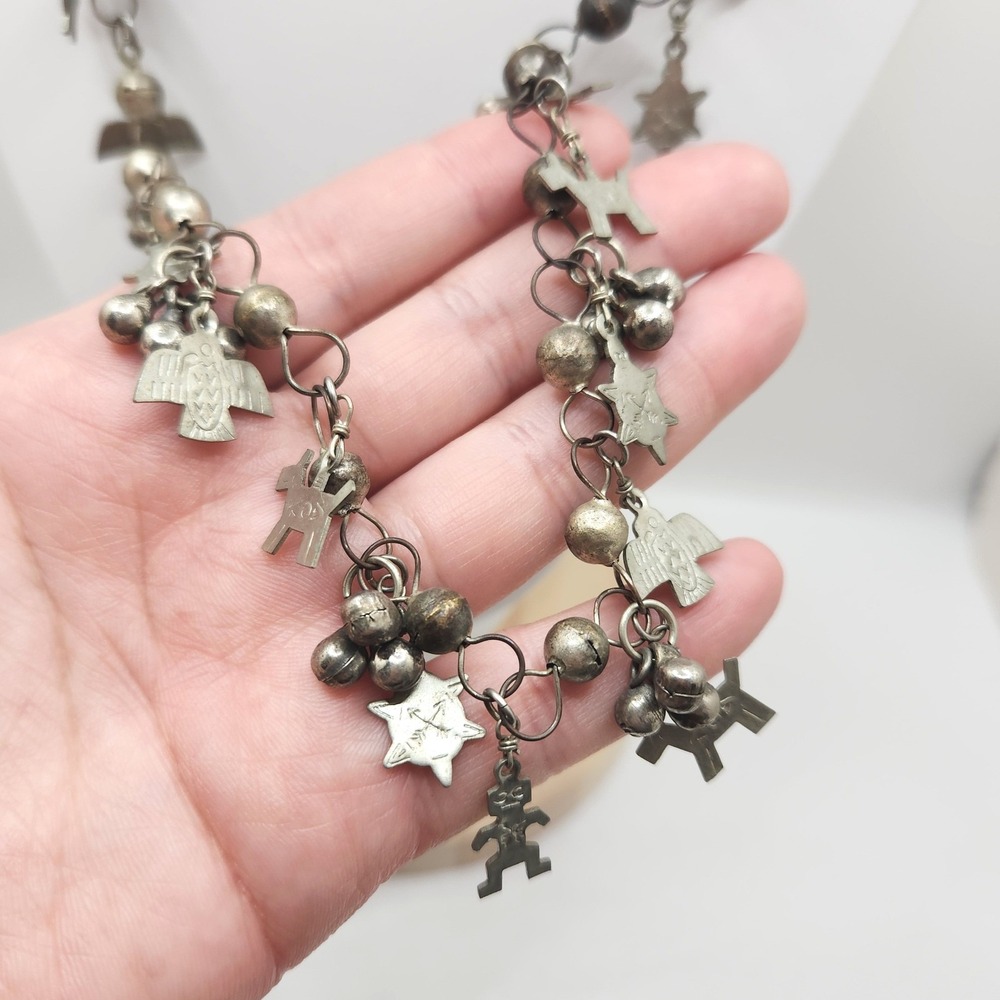 Vintage Mexican Silver Charm Necklace Southwest Folk Art Thunderbird Kachina